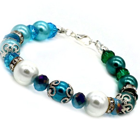 My Bead Emporium Jewelry - Bracelet with blue and green color beads and crystals.